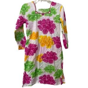Pink and Green Square Neck Cuffed Sleeve Sundress Tunic